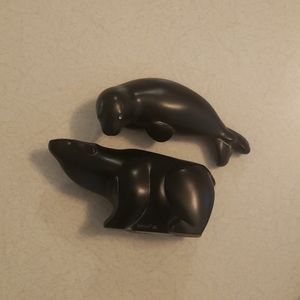 Carved Bear Seal Pair Figurines Boma Canada Black